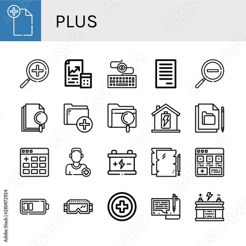 Set of plus icons such as File, Zoom in, Maths, Keylogger, Zoom out, Add, Battery, Add friend, Google, Red cross , plus