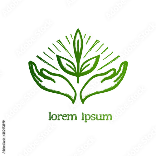 Two hand holding plant and care about it, vector logo concept