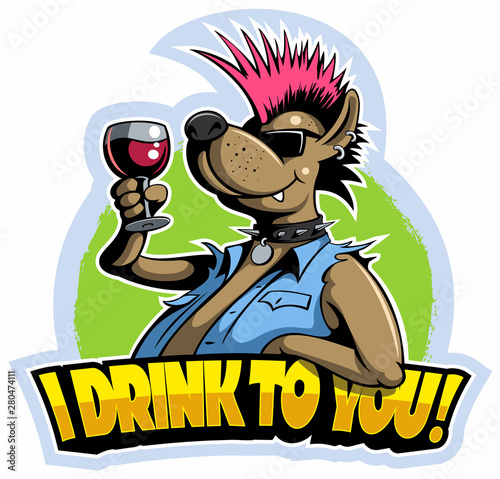 Cartoon, punk rock style dog with the red wine glass, vector image.