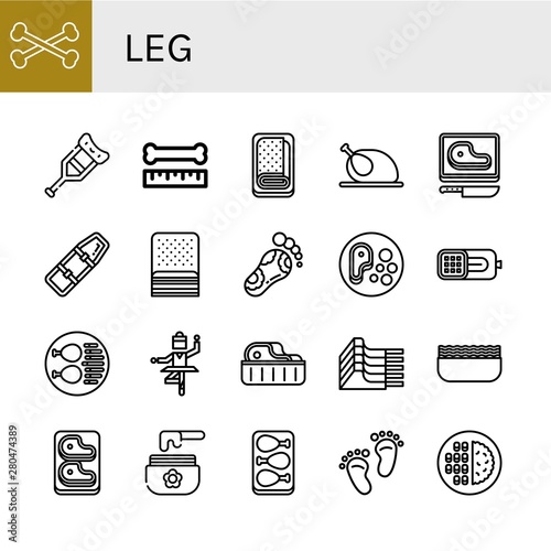 Set of leg icons such as Bones, Crutch, Bone, Meatloaf, Chicken, Steak, Spinal board, Bacon, Reflexology, Ham, Chicken leg, Ballet, Mutton, Minced meat, Wax, Footprint, Meat , leg