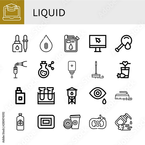 Set of liquid icons such as Screen, Eyedropper, Blood type, Oil, Blood test, Champagne, Flask, Intravenous saline drip, Mop, Cocktail, Vaper, Test tube, Water tower, Tear , liquid
