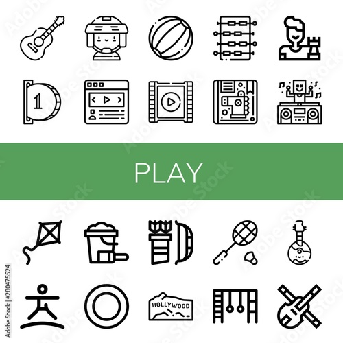 Set of play icons such as Guitar, Insert coin, Hockey player, Carousel, Beach ball, Video player, Foosball, Children, Chess, DJ, Kite, Trampoline, Sand bucket, Puck, Arrow , play