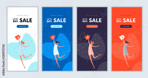 Vector flat school sale voucher template set. Cheerful girl with discount shopping bag on colorful background. Design vetyical banner for autumn sale, university, courses, college, supplies, poster.