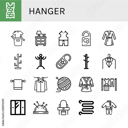 Set of hanger icons such as Clothes, Laundry, Nightstand, Do not disturb, Bathrobe, Coat stand, Coat rack, Towel hanger, Yarn, Wardrobe, Pin cushion, Dressing table, Towel rail , hanger