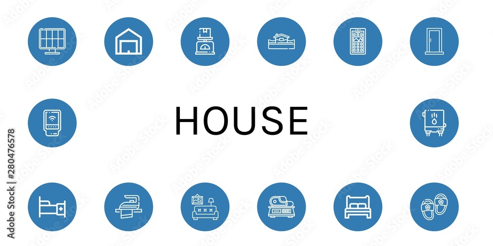 Set of house icons such as Solar energy, Garage, Scale, Flood, App drawer, Door, Bed, Iron, Living room, Slippers, Detector, Water heater , house Set of house icons such as Solar energy, Garage, Scale, Flood, App drawer, Door, Bed, Iron, Living room, Slippers, Detector, Water heater , house