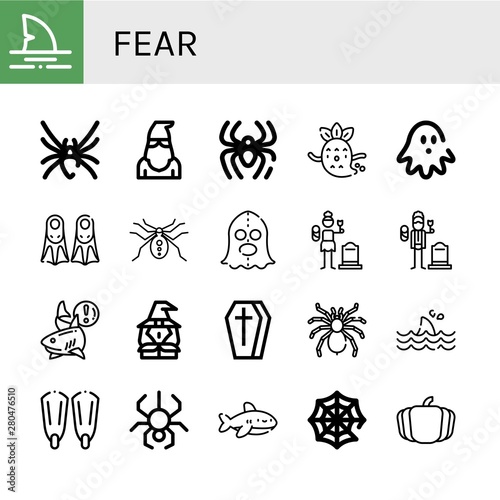 Set of fear icons such as Shark, Black widow, Executioner, Spider, Ghost, Haunted house, Fins, Widow, Widower, Witch, Coffin, Tarantula, Spider web, Pumpkin , fear