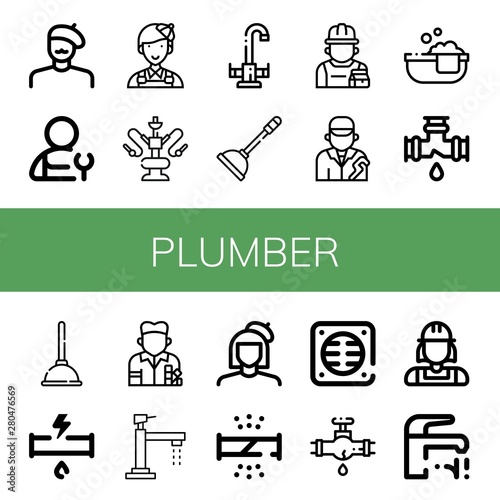 Set of plumber icons such as Painter, Plumber, Water pipe, Faucet, Plunger, Repairman, Bathtube, Leak, Broken pipe, Drain , plumber