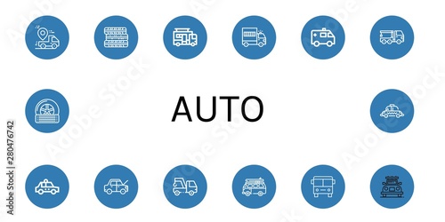 Set of auto icons such as Truck, Tires, Caravan, Prisoner transport vehicle, Ambulance, Crane truck, Taxi, Car, Tow, Van, Bus, Tyre , auto