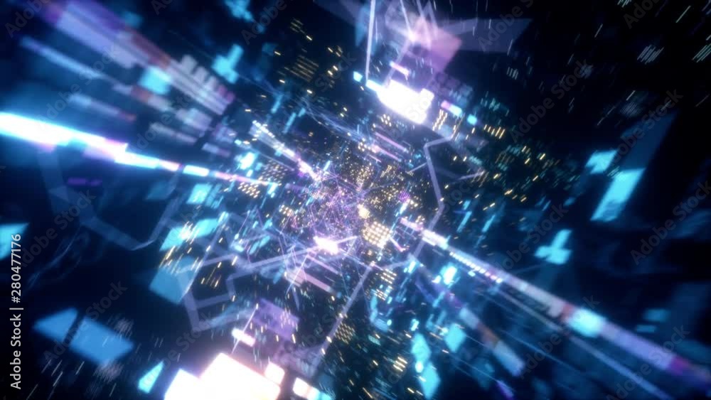 Flying in the chaotic technological futuristic space tunnel. Animation for music videos, nightclubs, audiovisual shows and performance, LED screens and projection cards. Seamless loop 3d render
