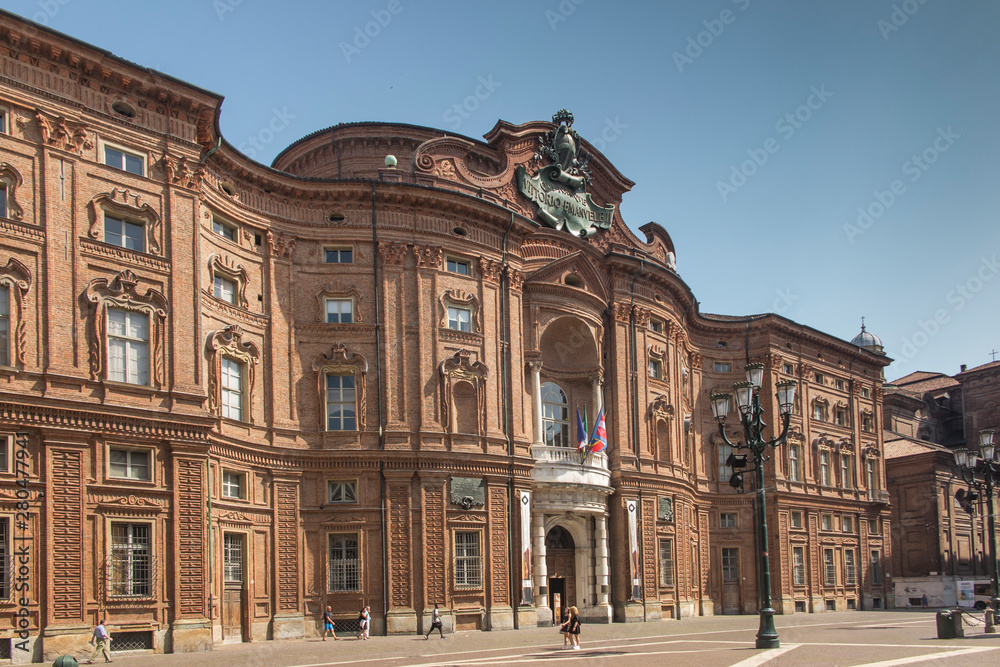 Turin, Italy, 27 June 2019: Facade of the Carignano Palace in Turin,
