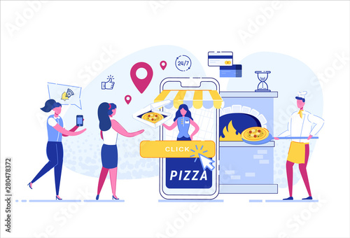 Ordering Pizza, Concept. Food delivery service. Mobile application. Young male courier with pizza box.The cook prepares pizza by spinning the dough. Flat vector illustrations.