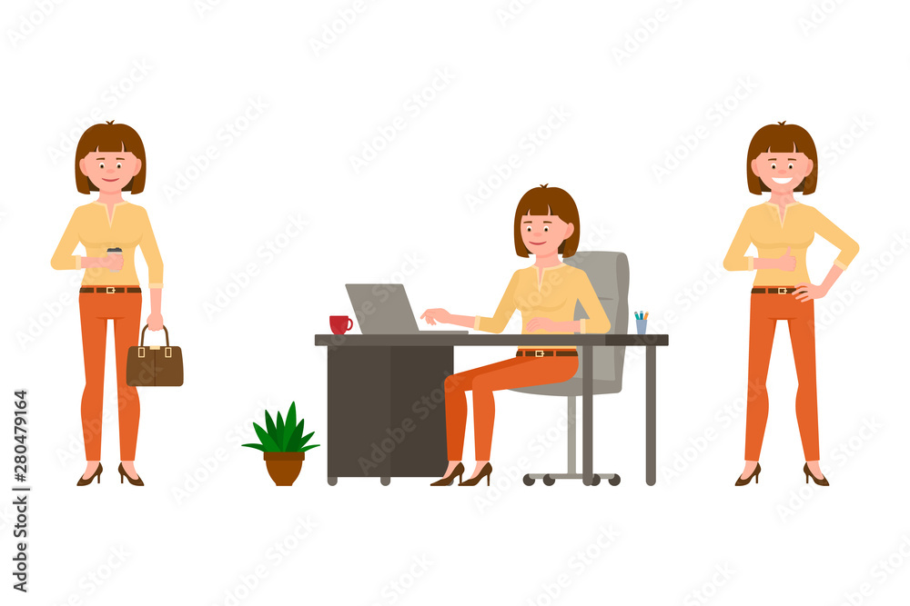 Friendly, smiling, brown hair young office woman in orange pants vector illustration. Standing with coffee cup, typing on laptop, sitting at desk girl cartoon character set on white background Friendly, smiling, brown hair young office woman in orange pants vector illustration. Standing with coffee cup, typing on laptop, sitting at desk girl cartoon character set on white background