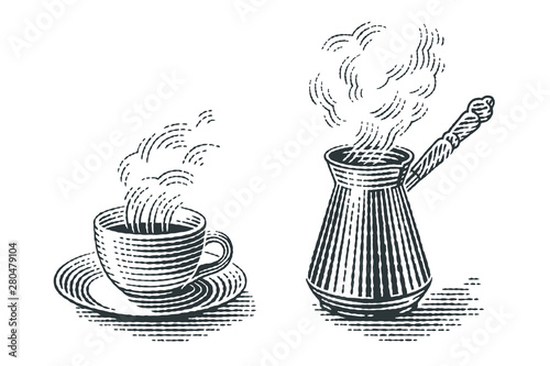 Turkish cezve pot and cup of hot drink. Hand drawn engraving style illustrations.