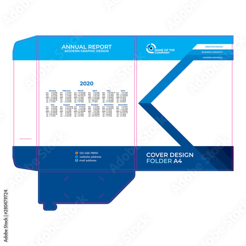 Folder design, cover layout with calendar 2020, stylish blue background for advertising information