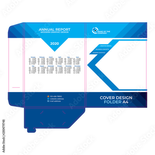 Folder design, cover layout with calendar 2020, stylish blue background for advertising information