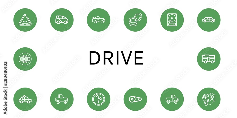 Set of drive icons such as Hump, Electric car, Racing car, Global server, Hard disk, Limousine, Taxi, Jeep, Traffic sign, Pulley, Hybrid solution, Wheel, Bus , drive Set of drive icons such as Hump, Electric car, Racing car, Global server, Hard disk, Limousine, Taxi, Jeep, Traffic sign, Pulley, Hybrid solution, Wheel, Bus , drive
