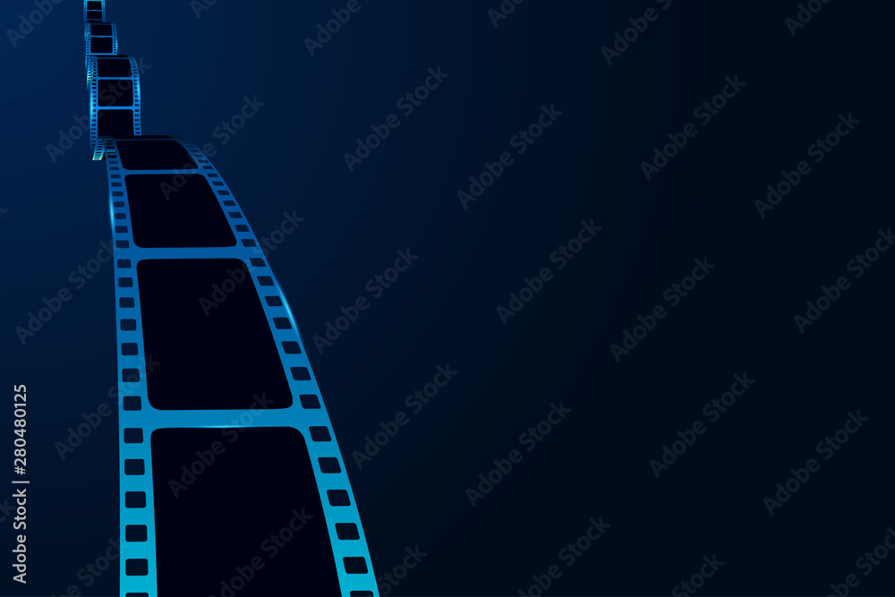 Realistic 3d Film reel stripe cinema on blue background with place for text. Modern 3d realistic film strip. Vector cinema festival. Movie template for backdrop, brochure, leaflet, poster, banner.