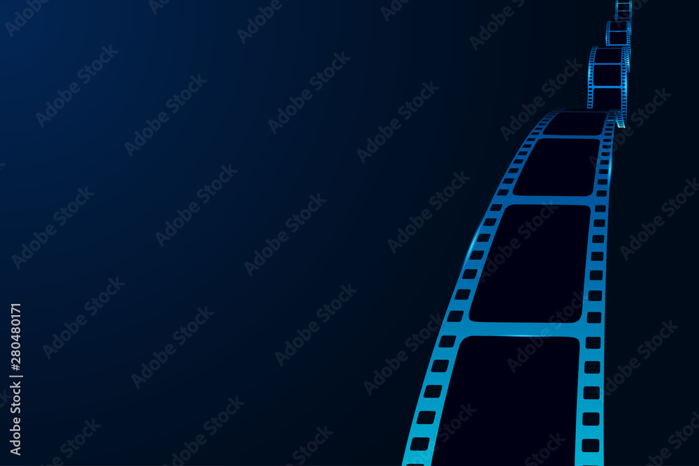 Film reel stripe cinema on blue background with place for text. Modern 3d realistic film strip. Vector cinema festival. Movie template for backdrop, brochure, leaflet, poster, banner, tickets or flyer