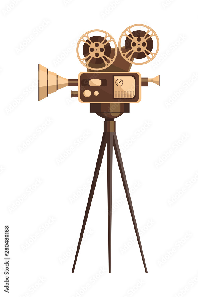 Vintage cinema projector on a tripod isolated on white background. Detailed  retro movie projector in gold color. Cinema motion picture film projector  with different film reels for backdrop, banner, fl Stock Vector