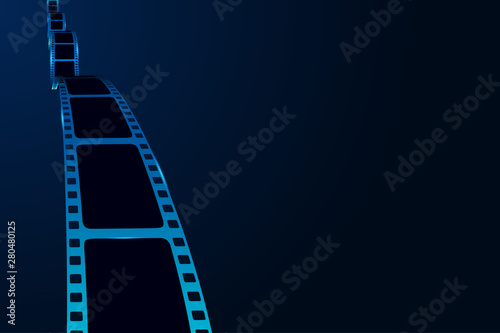 Fototapeta Naklejka Na Ścianę i Meble -  Realistic 3d Film reel stripe cinema on blue background with place for text. Modern 3d realistic film strip. Vector cinema festival. Movie template for backdrop, brochure, leaflet, poster, banner.