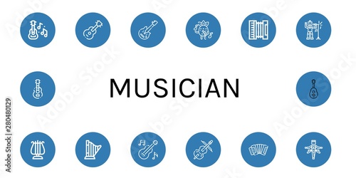 Set of musician icons such as Guitar, Electric guitar, Singing, Accordion, Singer, Lyra, Harp, Cello, Samba , musician