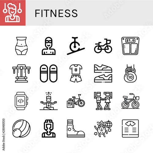 Set of fitness icons such as Gymnast  Waist  Swimmer  Rope biking  Bike  Bathroom scale  Bench press  Sneakers  Sport  Shoes  Kettlebell  Smartwatch  Yoga  Bicycle  Waltz   fitness