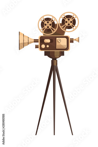 Vintage cinema projector on a tripod isolated on white background. Detailed retro movie projector in gold color. Cinema motion picture film projector with different film reels for backdrop, banner, fl