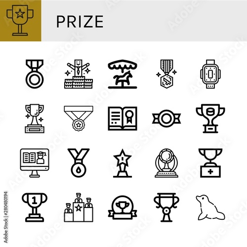 Set of prize icons such as Award, Medal, Bonus, Merry go round, Kneepad, Trophy, Certificate, Rank, Seal , prize