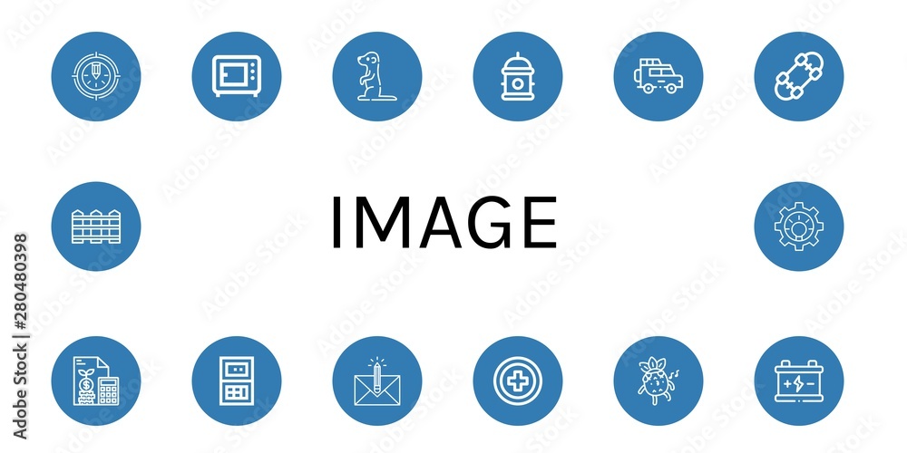 Set of image icons such as Pencil, Microwave, Meerkat, Hydrant, Jeep, Skateboard, Calculator, Envelope, Red cross, Whistle, Battery, Fence, Idea , image
