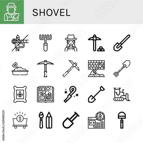 Set of shovel icons such as Gardener, Construction, Rake, Mining, Shovel, Sandbox, Pickaxe, Seeds, Agriculture, Blower, Bulldozer, Mine, Paint tools, Hoe , shovel
