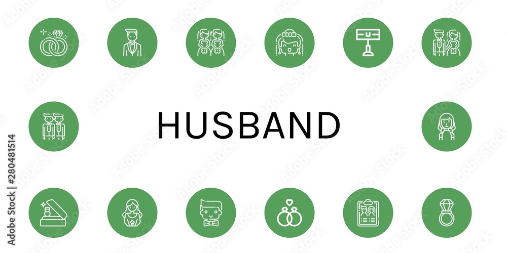 Set of husband icons such as Wedding ring, Groom, Brides, Bride, Home team, Guest list , husband Set of husband icons such as Wedding ring, Groom, Brides, Bride, Home team, Guest list , husband