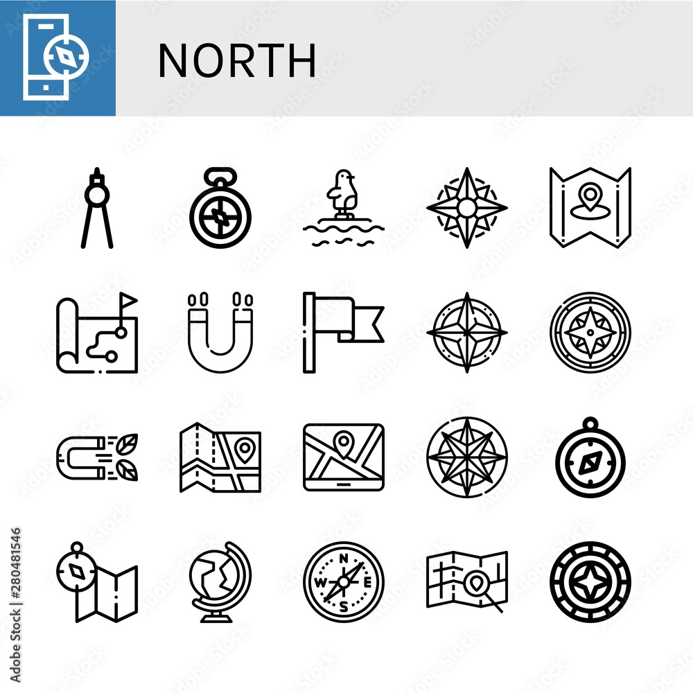 Set of north icons such as Compass, Penguin, Map, Magnet, Flag, World, Windrose , north Set of north icons such as Compass, Penguin, Map, Magnet, Flag, World, Windrose , north