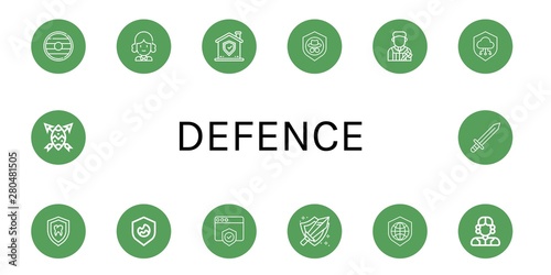 Set of defence icons such as Shield, Judge, Sword , defence