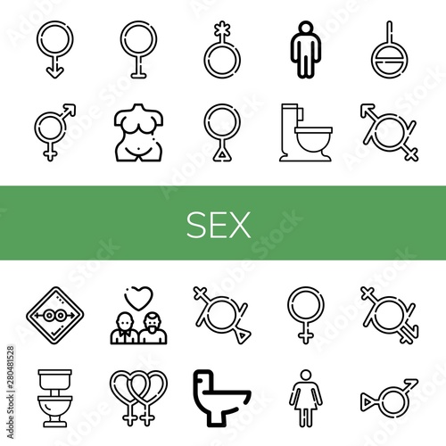 Set of sex icons such as Male, Bigender, Transvestite, Venus, Genderqueer, Third gender, Wc, Genderless, Gender fluid, Condom, Toilet, Gay, Lesbian, Female , sex