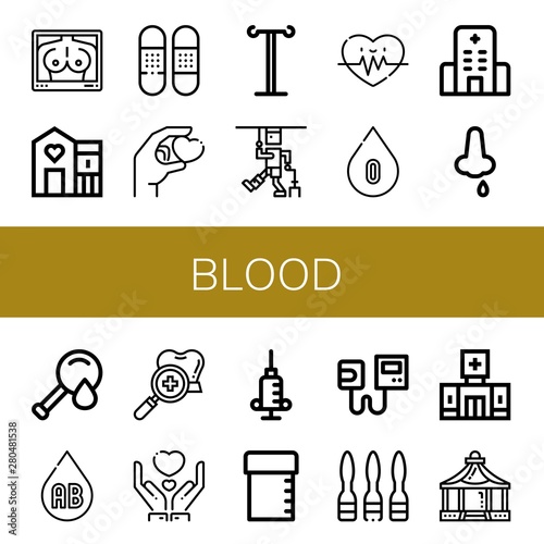 Set of blood icons such as Mammogram, Shelter, Bandage, Give, Iv pole, Injury, Heart rate, Blood type, Hospital, Nose bleeding, Blood test, Dental checkup, Syringe, Sample tube ,