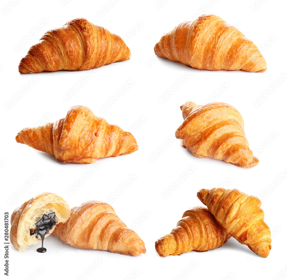 Set of delicious fresh baked croissants on white background. French pastry