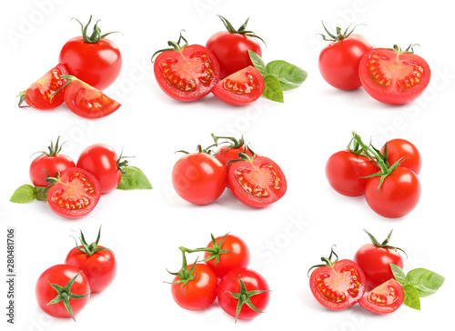 Set of ripe cherry tomatoes on white background