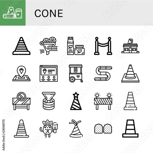 Set of cone icons such as Obstacle, Cone, Funnel, Cream, Barrier, Ice cream shop, Ice cream, Ice cart, Gummy, Traffic cone, Party hat, Popsicle ,
