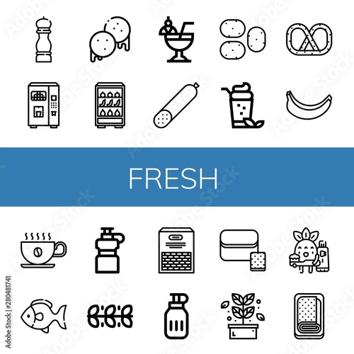 Set of fresh icons such as Pepper, Juice, Arepas, Fruits, Cocktail, Smoked sausage, Potato, Pretzel, Banana, Coffee cup, Fish, Water bottle, Leaves, Beans, Bread, Herb , fresh