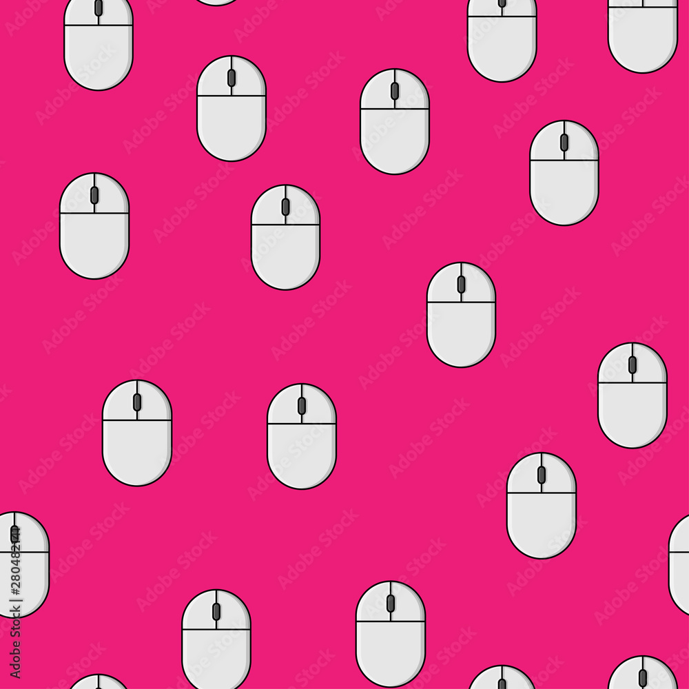 Seamless pattern, texture of modern digital wireless white two-button computer mice with a wheel, technology isolated on a purple background. Vector illustration Seamless pattern, texture of modern digital wireless white two-button computer mice with a wheel, technology isolated on a purple background. Vector illustration