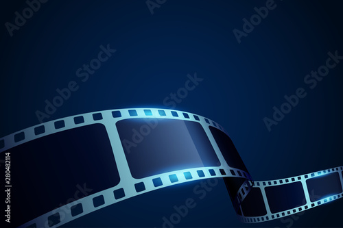 Realistic 3d Film reel stripe cinema on blue background with place for text. Modern 3d isometric film strip in perspective. Vector cinema festival. Movie template for backdrop, brochure, leaflet. photo