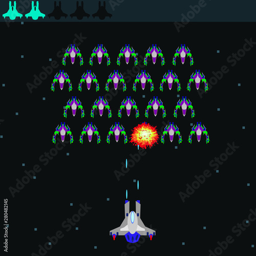 Retro video game, screen, arcade space warships, shooting, background map, vector graphic design illustration. 16 bit, 8 bit . Space place. Battles under the stars. Old computer games.