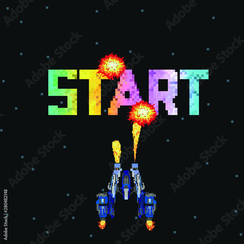 Retro video game, screen, arcade space warships, shooting, background map, vector graphic design illustration. 16 bit, 8 bit . Space place. Battles under the stars. Old computer games.
