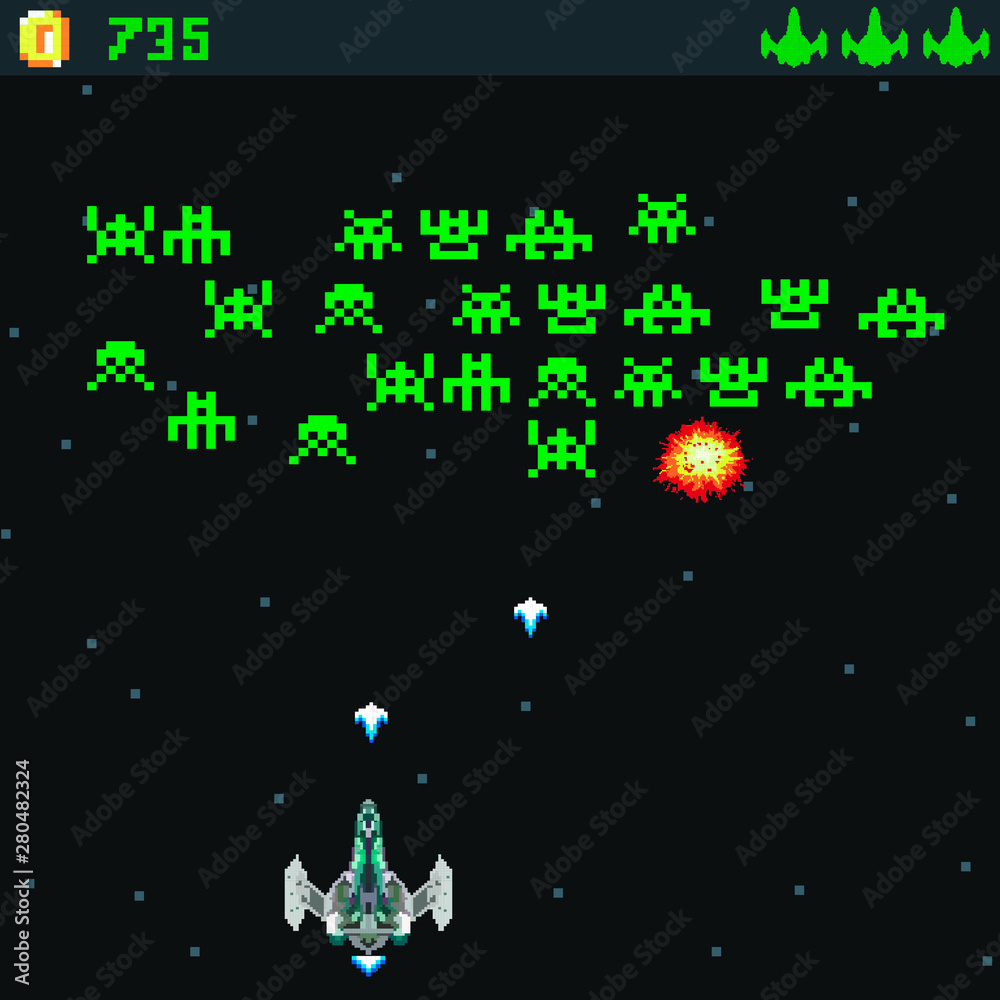 Retro video game, screen, arcade space warships, shooting, background map, vector graphic design illustration. 16 bit, 8 bit . Space place. Battles under the stars. Old computer games. Retro video game, screen, arcade space warships, shooting, background map, vector graphic design illustration. 16 bit, 8 bit . Space place. Battles under the stars. Old computer games.