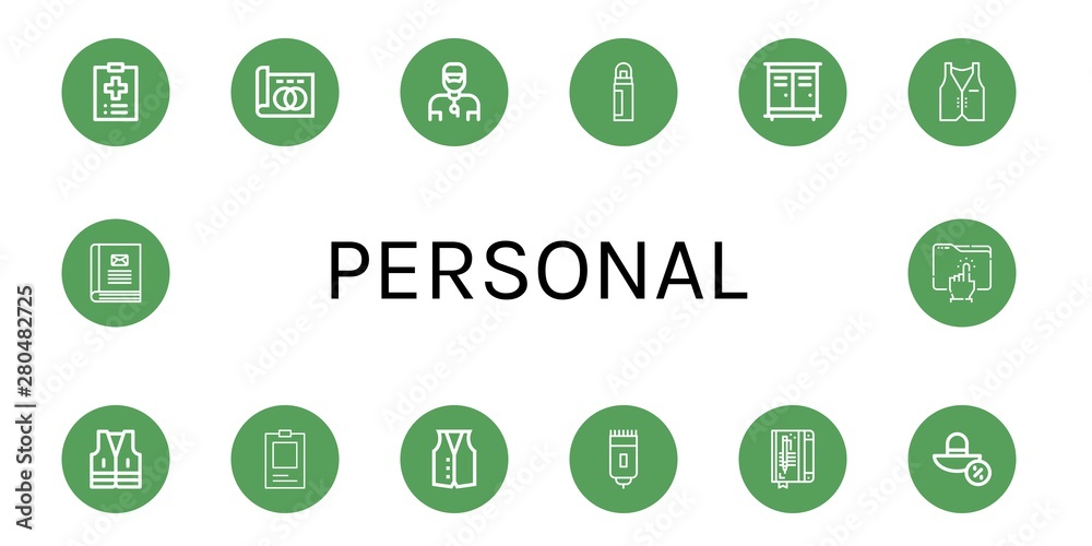 Set of personal icons such as Medical record, Greyscale, Trainer, Deodorant, Lockers, Vest, ID, Shaver, Notebook, Sun hat, Contact book, Directory , personal Set of personal icons such as Medical record, Greyscale, Trainer, Deodorant, Lockers, Vest, ID, Shaver, Notebook, Sun hat, Contact book, Directory , personal