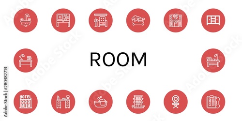 Set of room icons such as Sink, Dressing table, Armchair, Hot tub, Hotel, Closet, Desk, Bathtube, Chair, Training , room