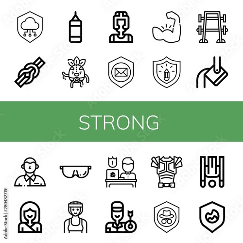 Set of strong icons such as Shield, Knot, Punching bag, Wrestler, Boxer, Muscle, Protection, Bench press, Heavy, Defendant, Karate, Protective, Archer, Armor, Inversion therapy , strong