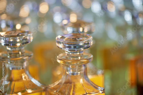 Glass perfume bottles based oils. A Bazaar, market. Aroma oils, oil perfume in faceted glass vessels.