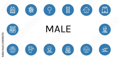 Set of male icons such as Singlet, Headdress, Transvestite, Clothes, Boy, Short, Woman, Restroom, Clerk, Karate, Man, Seesaw, Cashier, Doctor , male