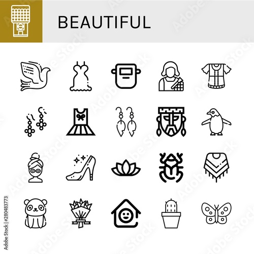 Set of beautiful icons such as Chewing gum, Dove, Dress, Mask, Makeup artist, Earrings, Penguin, Facial mask, High heels, Lotus flower, Beetle, Shawl, Panda bear, Flower bouquet , beautiful